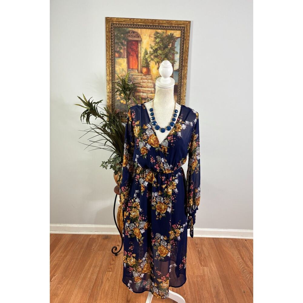 Charlotte Russe Dress Womens S Blue Floral Sheer Lined Cinch Waist Surplice Neck